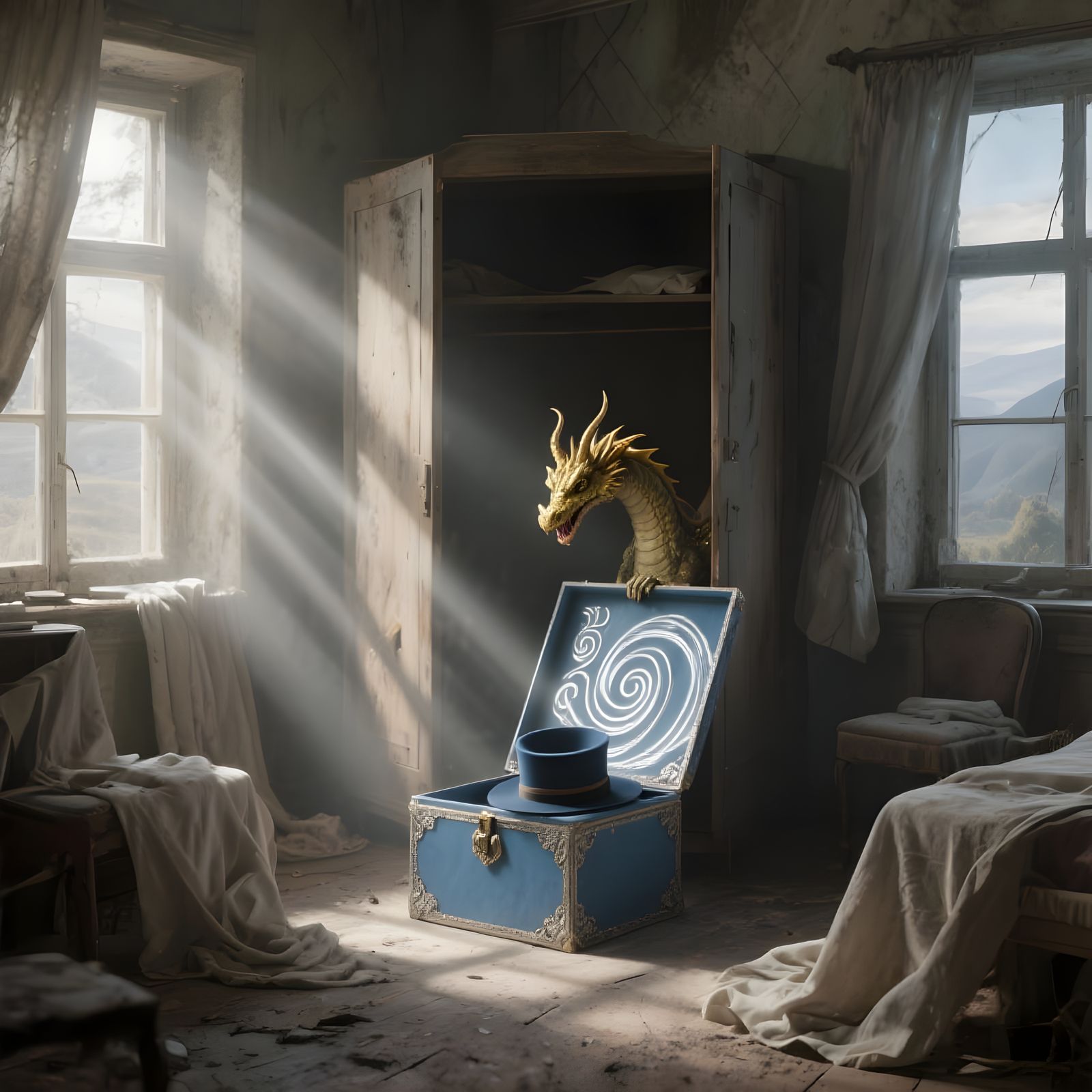 Mysterious Dragon Hat Box in Dusty Room