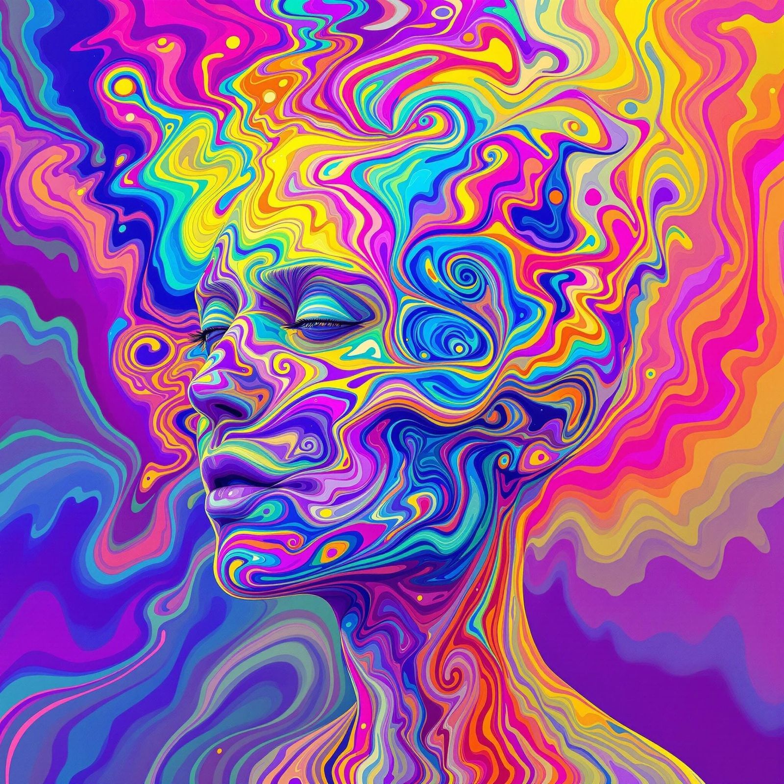 Psychedelic Head Dissolves into Dreamy Background in Vibrant...