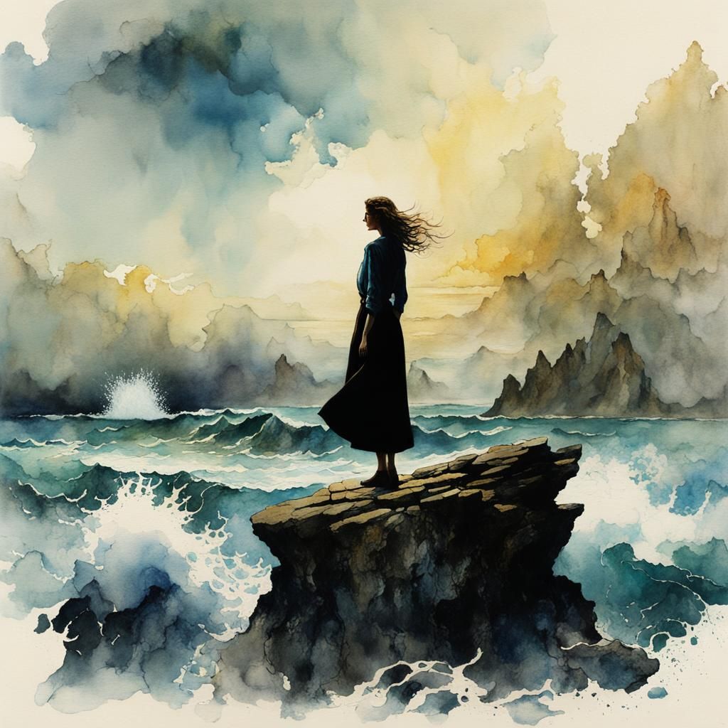 Ethereal Woman Amidst Turbulent Sea in Stylized Watercolor