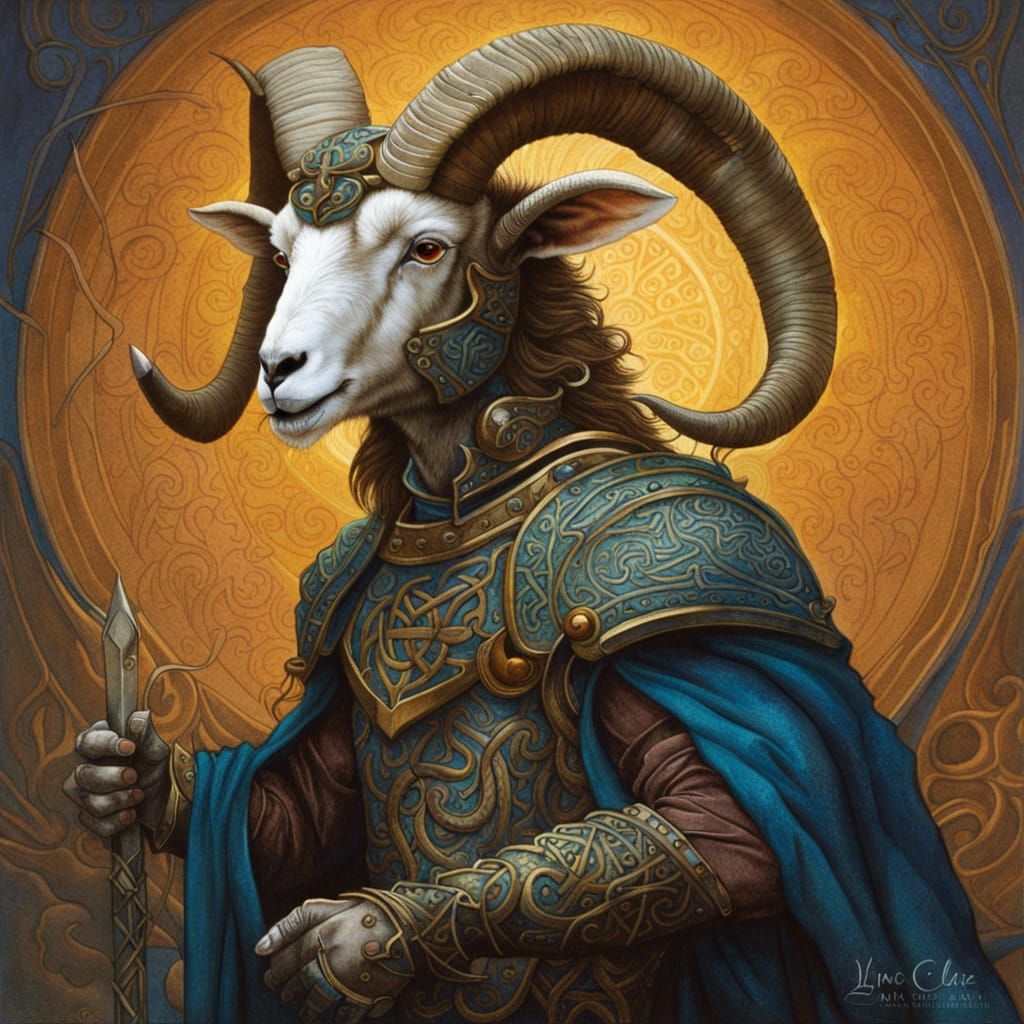 Mythical Ram Warrior in Intricate Celtic Armor