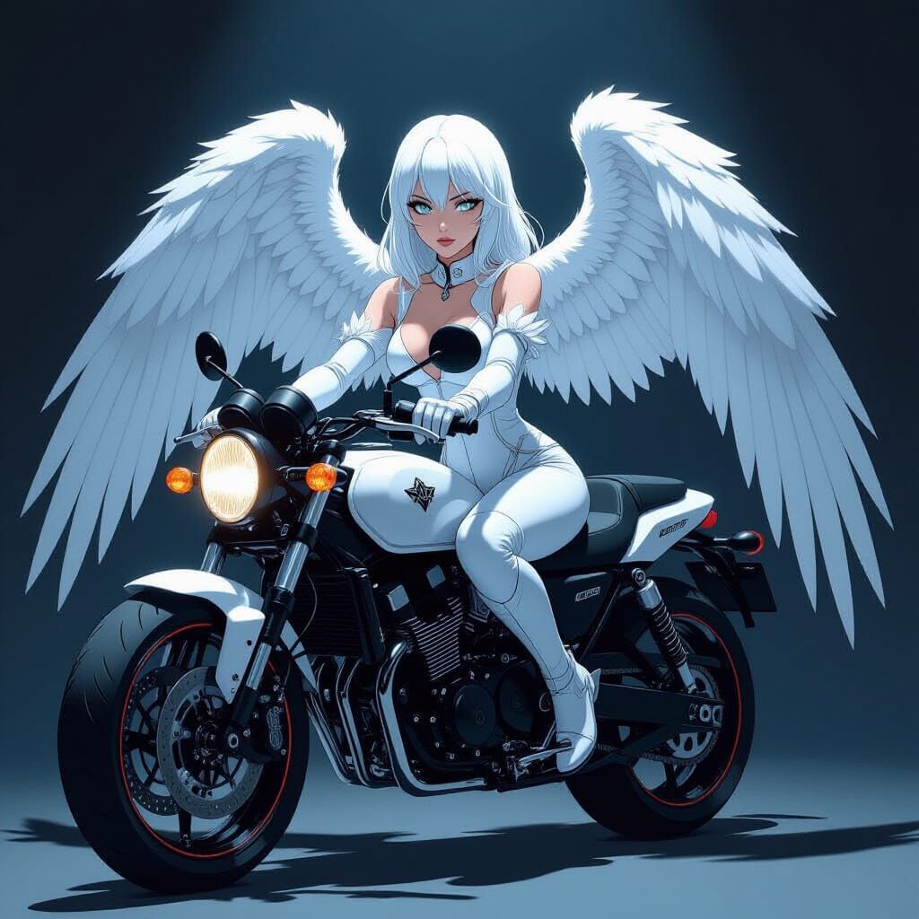 Angelic Woman on Motorcycle in Dynamic Manga Style