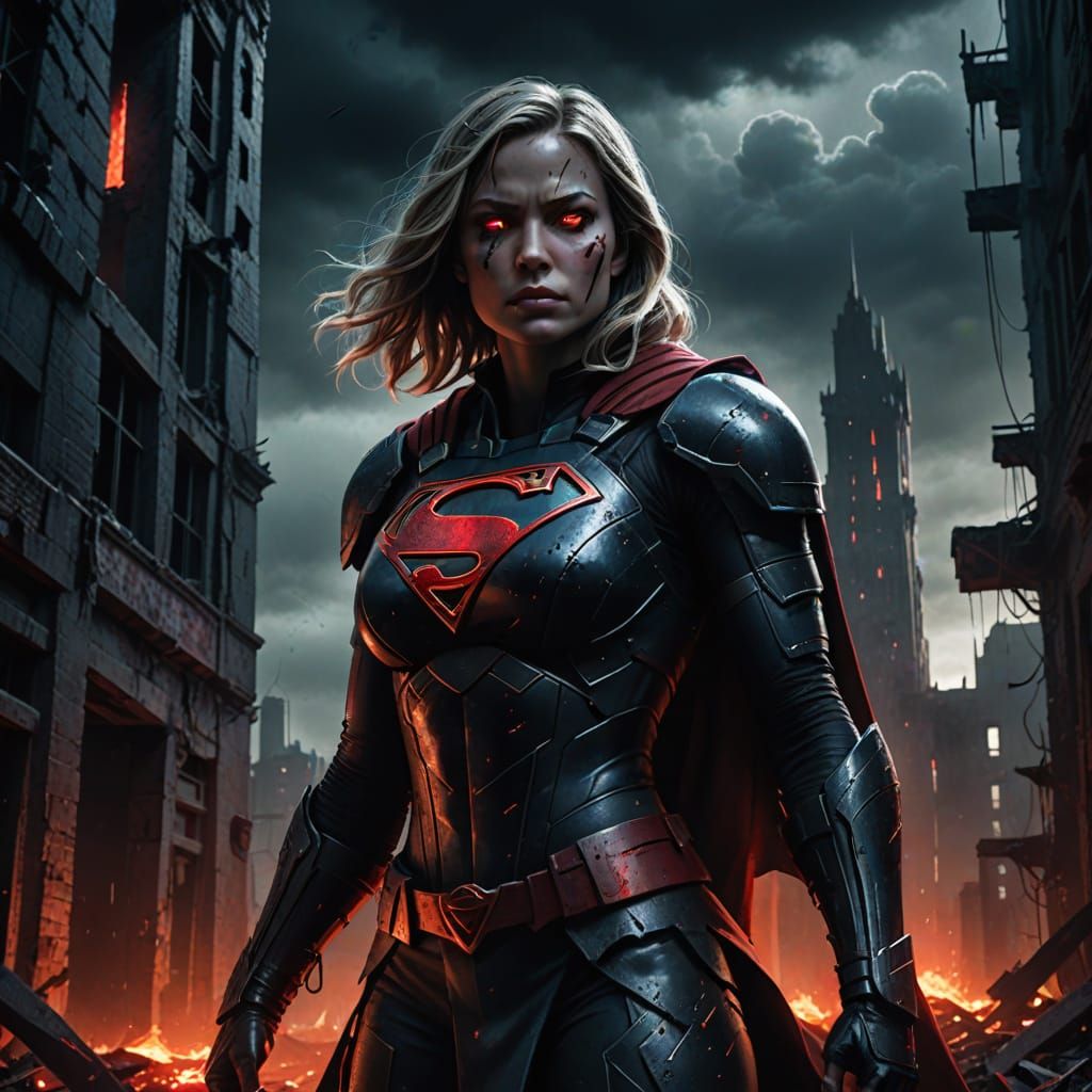 Dark Supergirl in Ruined City: Dark Fantasy Illustration