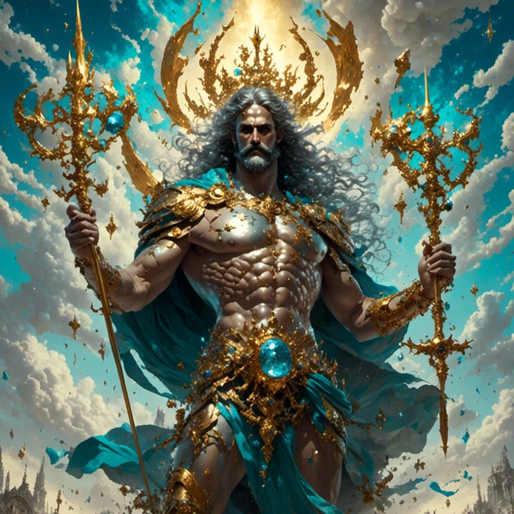 God of the Sea Holding Trident in Vibrant Fantasy World