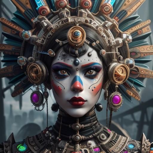Cyberpunk Steampunk Princess with Intricate Clown Makeup