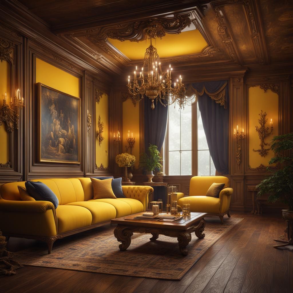 Luxurious Wood and Yellow Living Room in Detailed Fantasy Ar...