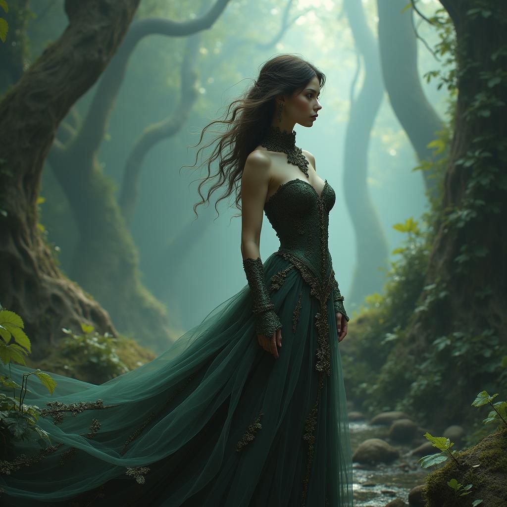 Sensual Woman Amidst Whimsical Baroque Landscapes