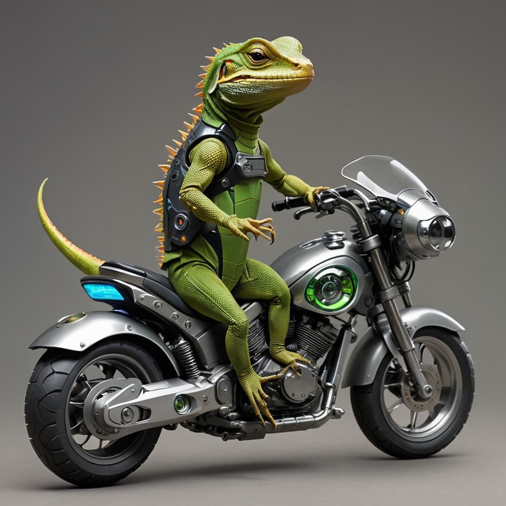 A lizard riding a futuristic motorcycle.