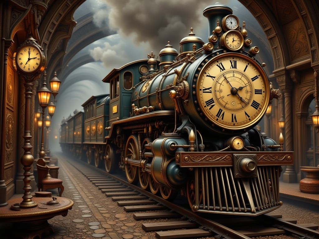 Steampunk Train Emerges from Tunnel in Brass and Copper Worl...