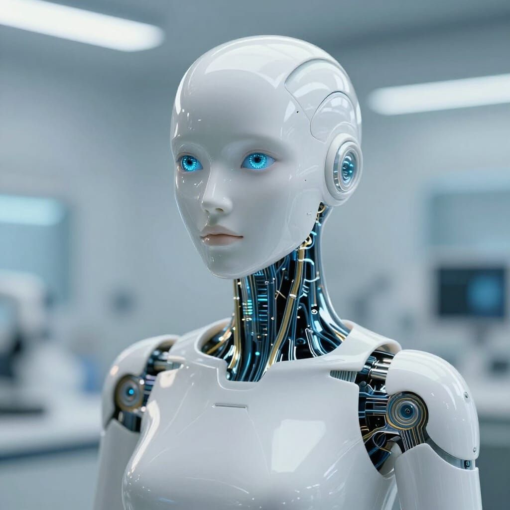 A hyper-realistic, cinematic portrait of a sophisticated humanoid android representing a digital assistant in the year 2...