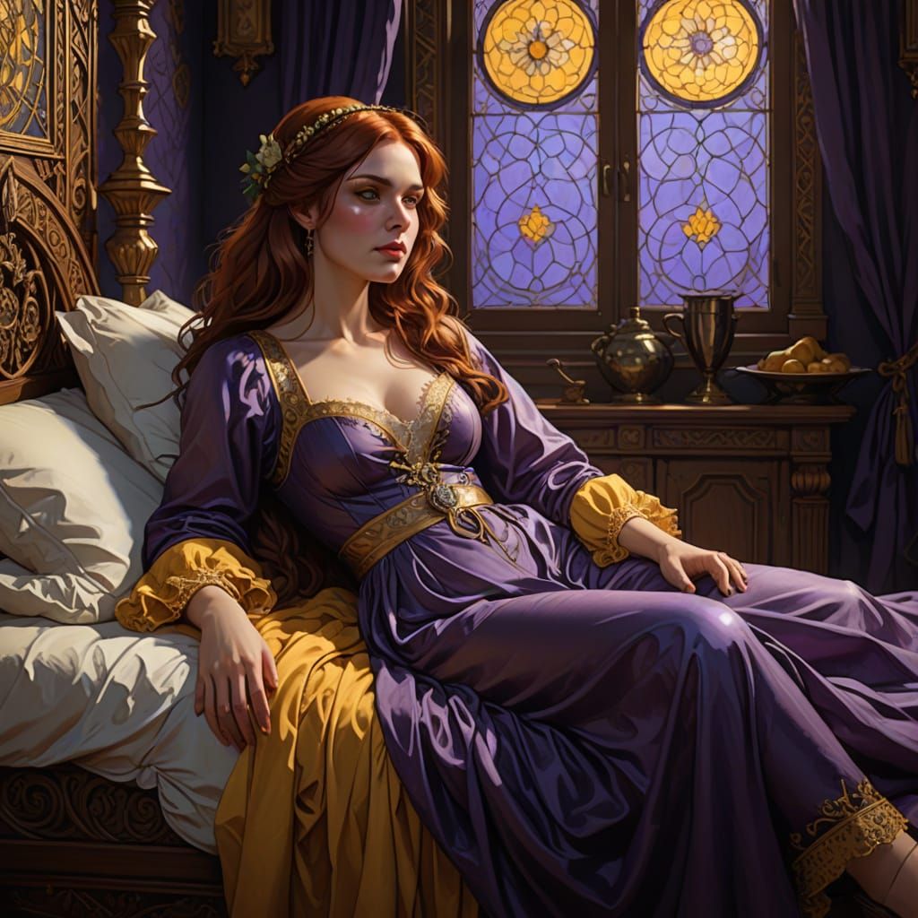 Dark Fantasy Art: Woman on Tudor Bed with Spectral Form