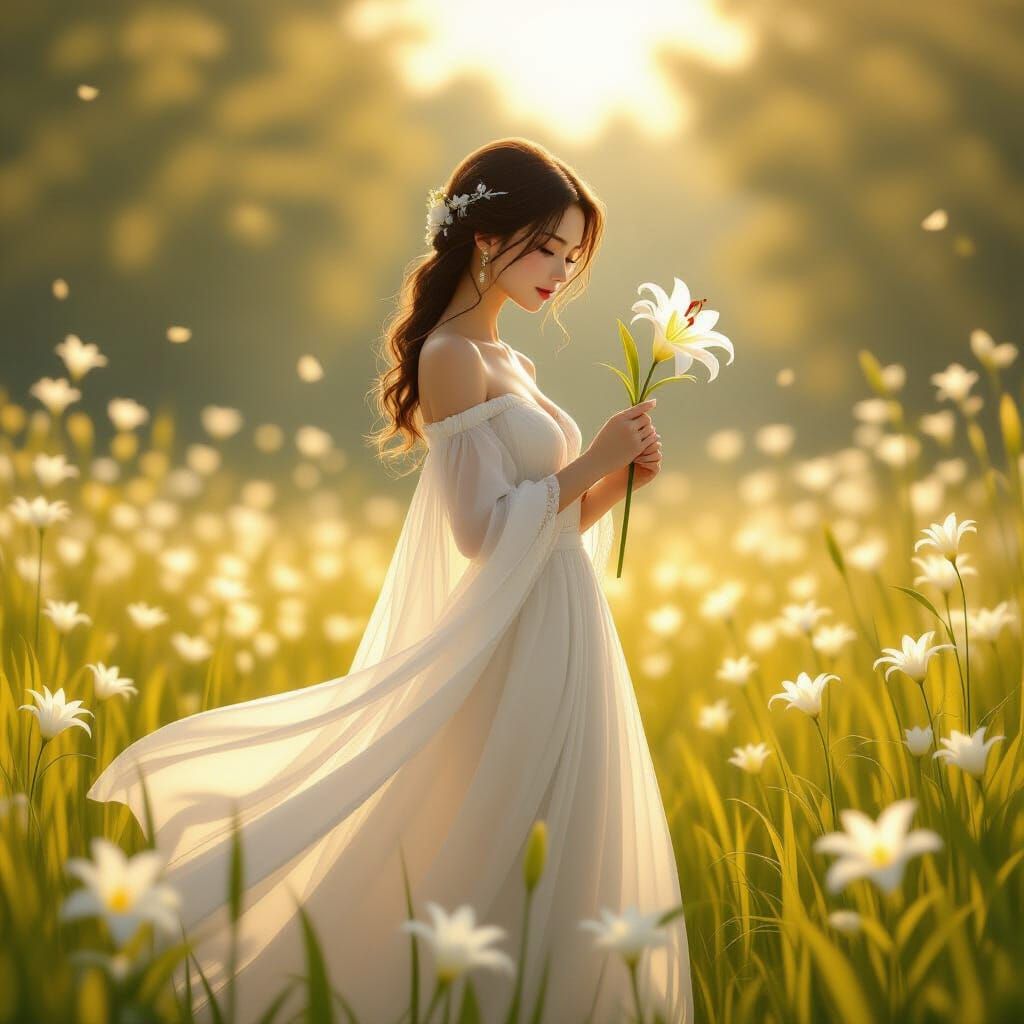 Gentlewoman in Meadow with Lily, Soft Painterly Anime Style