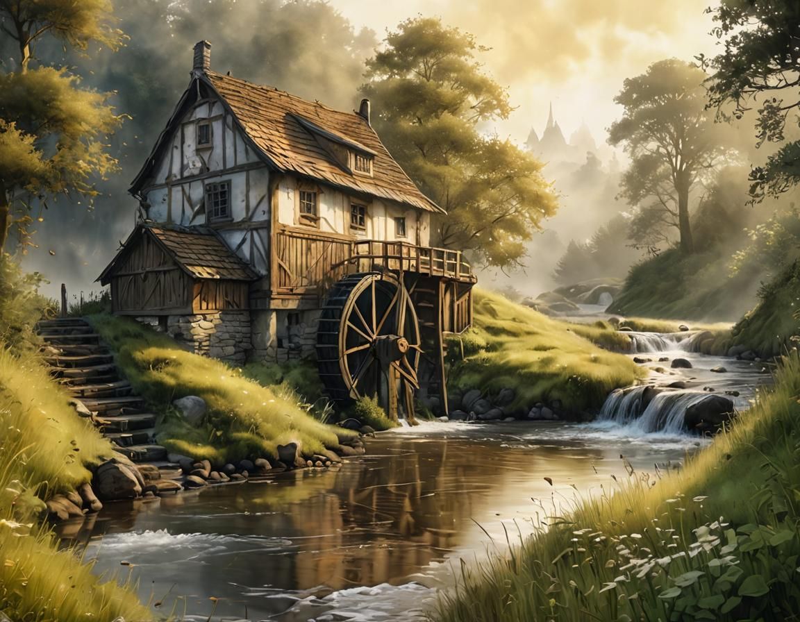Watermill in Jean-Baptiste Monge-Style Watercolor and Ink Pa...