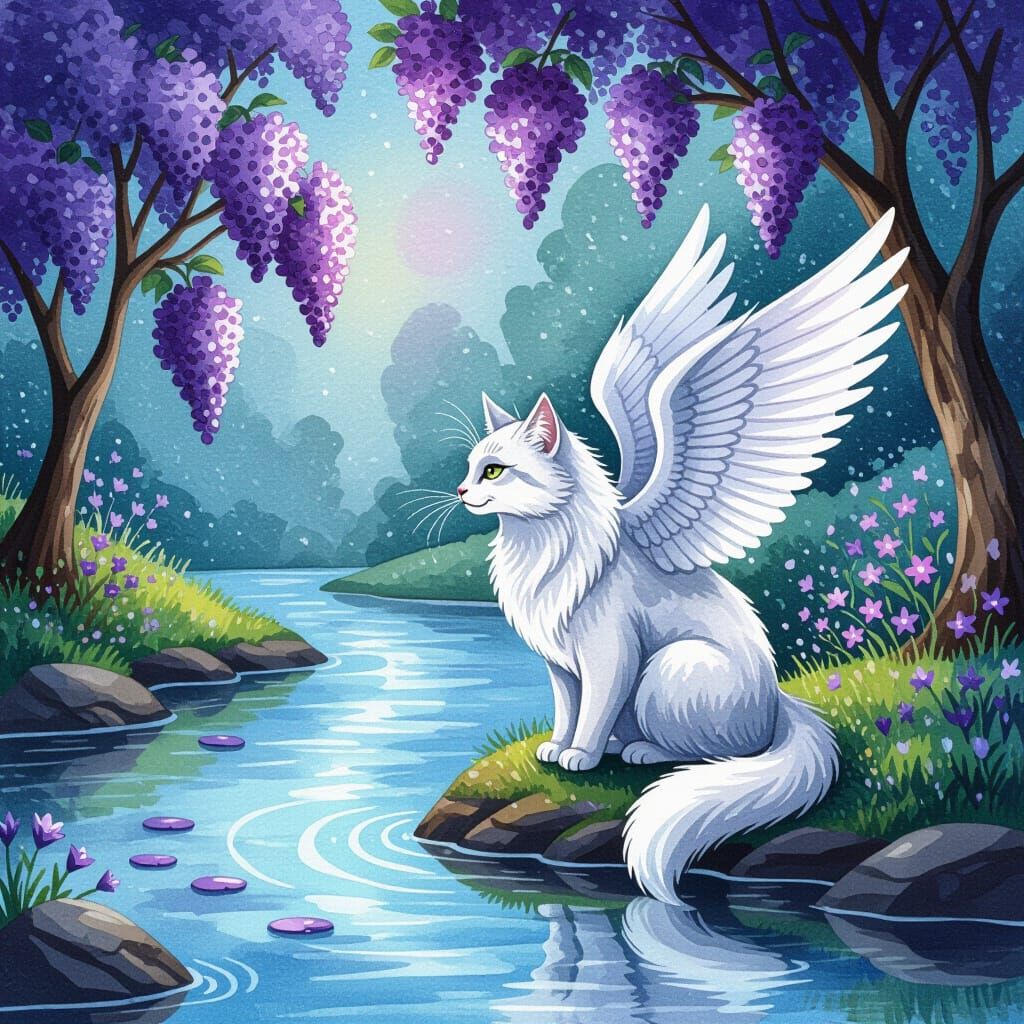 Winged Silver Cat Drinks by Lilac River in Watercolor Style