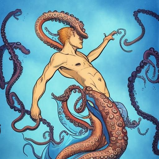 Biopunk Merman: Octopus Hybrid in Ashcan Style