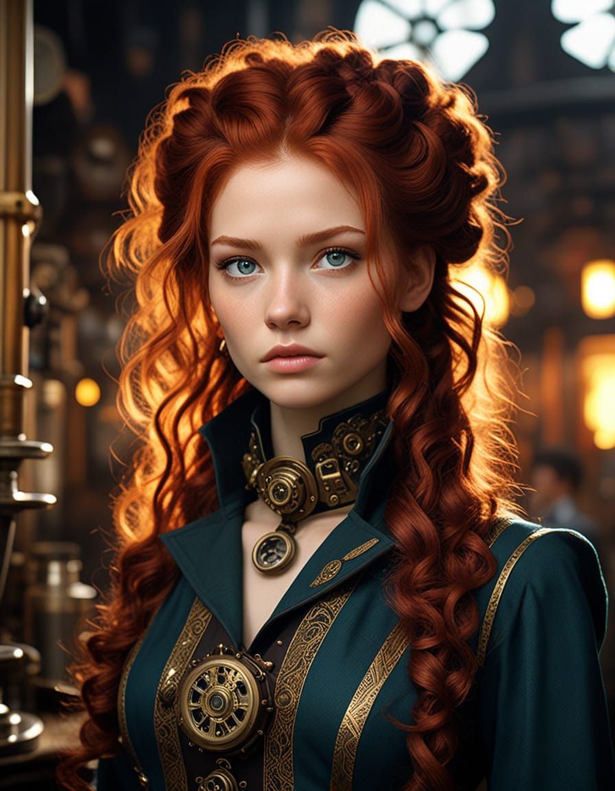 Steampunk Goddess with Brass Gears and Clockwork Hair
