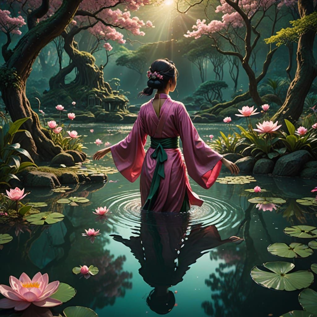 Majestic Asian Goddess Emerges in Whimsical Fantasy Forest