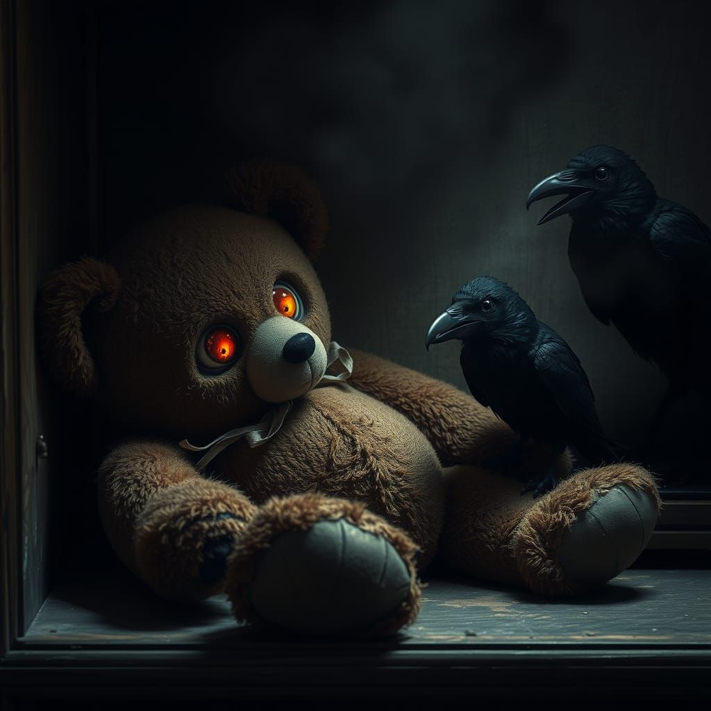 Eerie Teddy Bear with Raven in Gothic Style