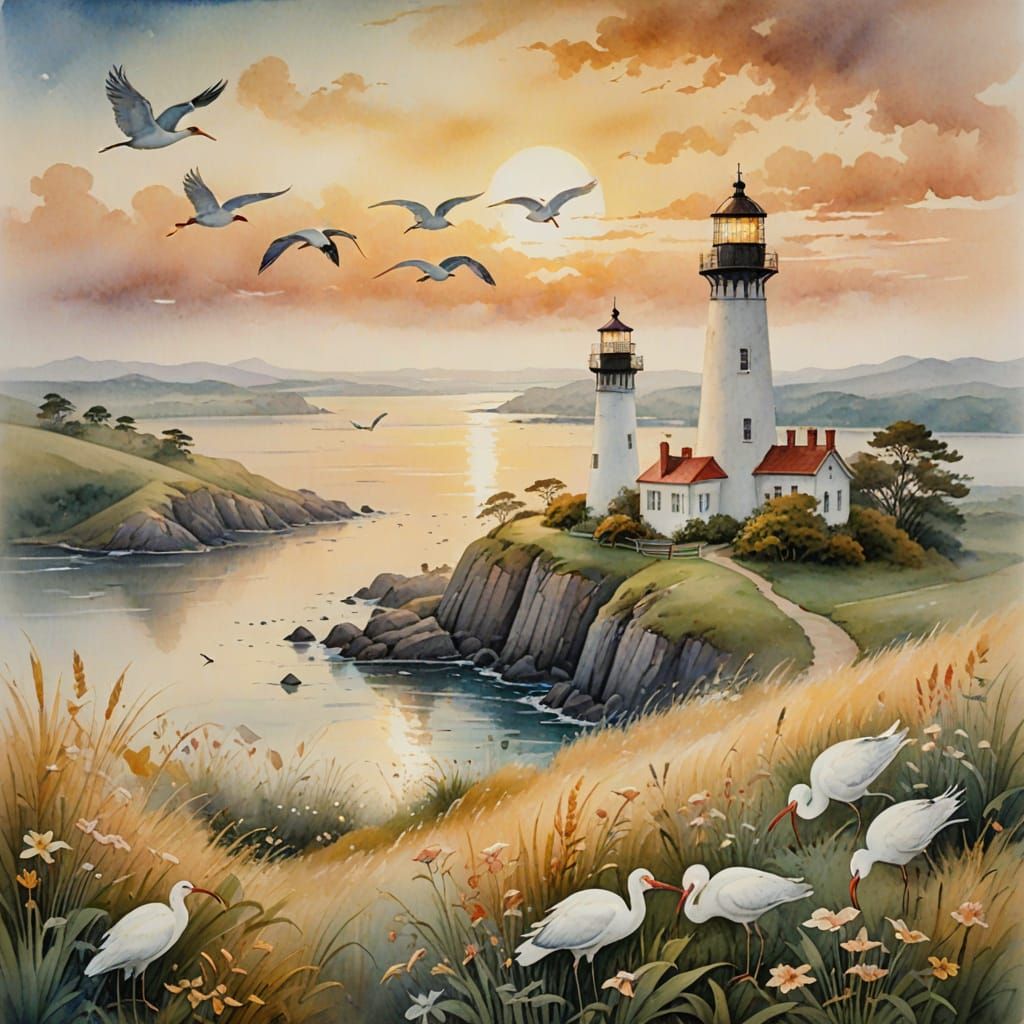 Ibis Birds Fly Near Lighthouse in Watercolor Painting