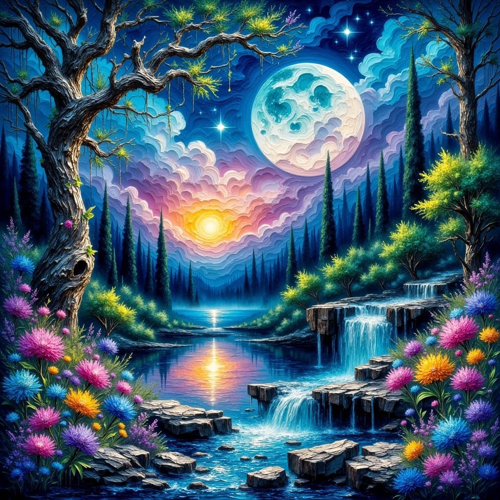 Impasto Moonlit Serenity in a Vibrant Forest