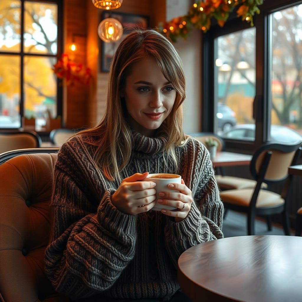 Cozy Autumn Cafe Scene in Hyperrealistic Style