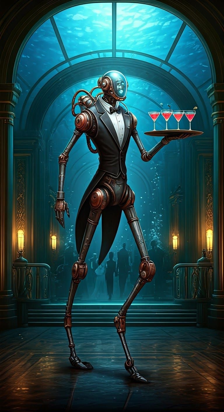 Art Deco Butler Robot in Futuristic Underwater Ballroom