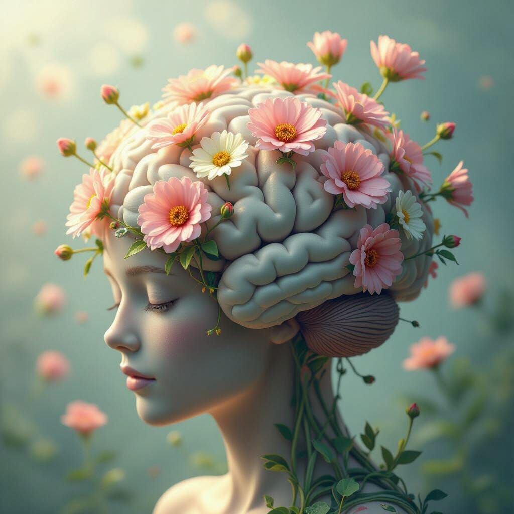 Brain with Flowers in Digital Art Style