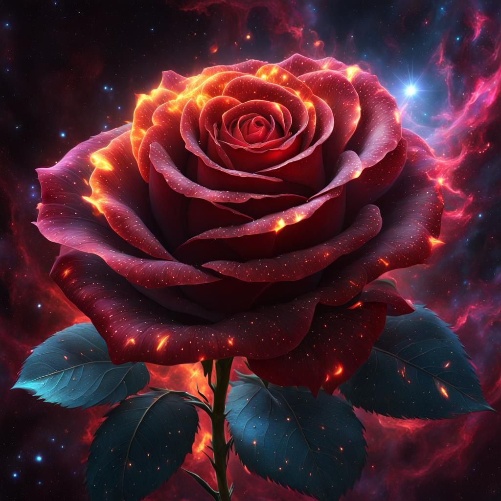 Surreal Rose Blooms Amidst Galactic Nebula in Cosmic Art