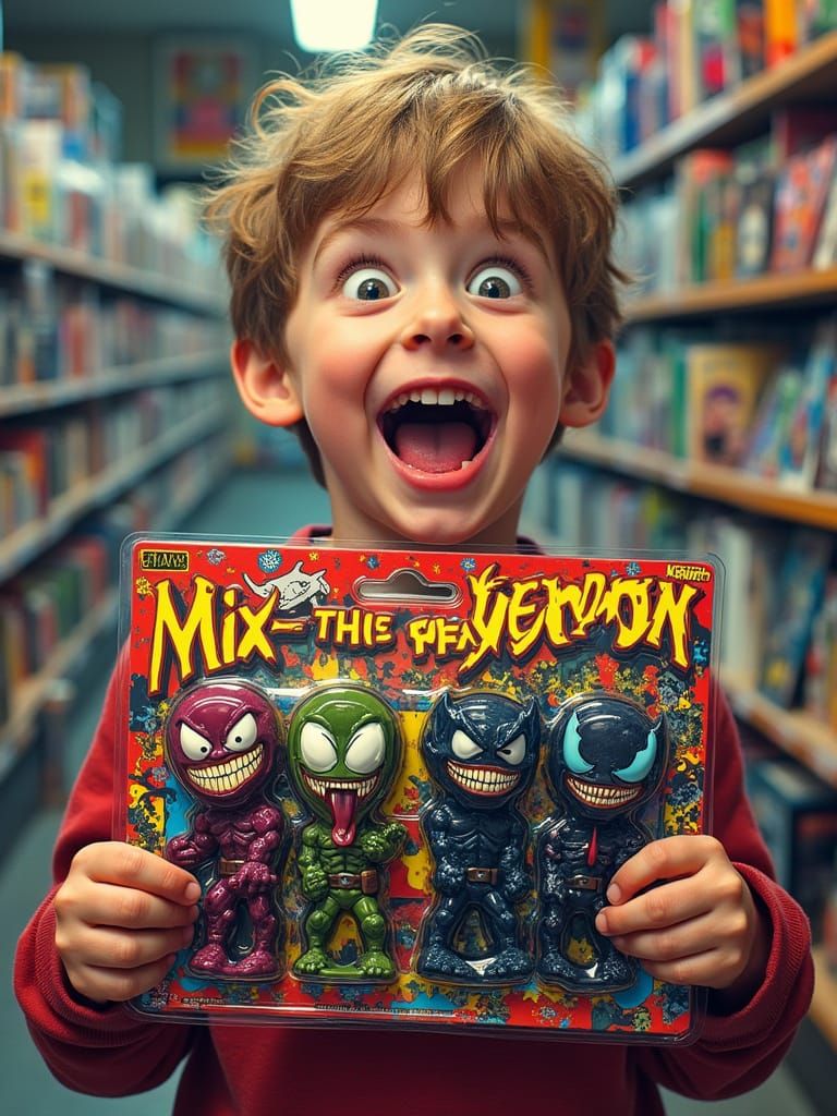 Excited Kid Holds Spawn-Venom Mashup Figurines in Comic Book...