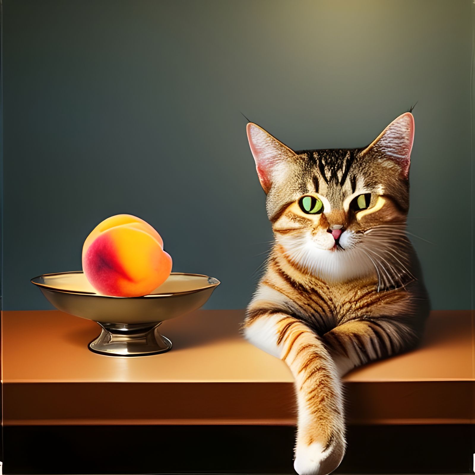 Surreal Tabby Cat Indulges in Cream and Peaches in a Glowing...