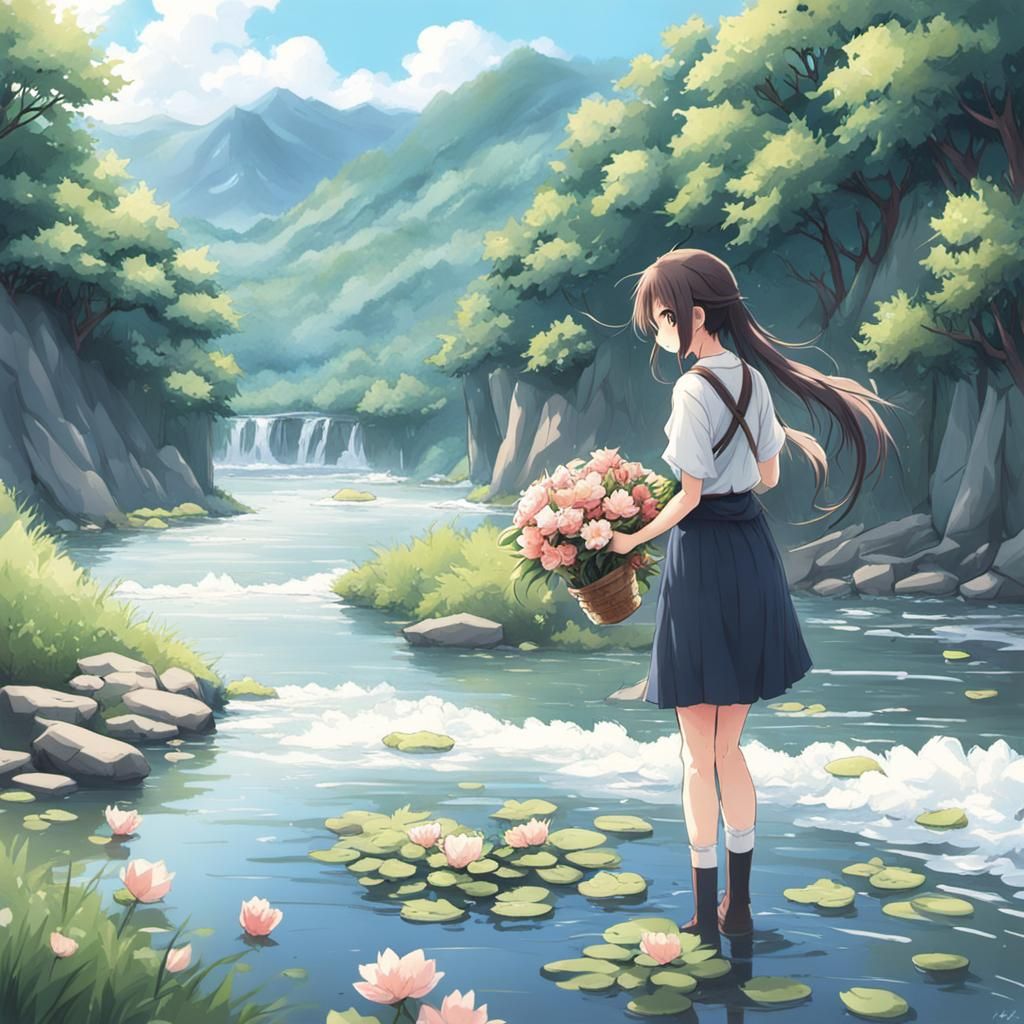 Surreal Anime-Inspired Scene of a Teen Girl Gathering Water....