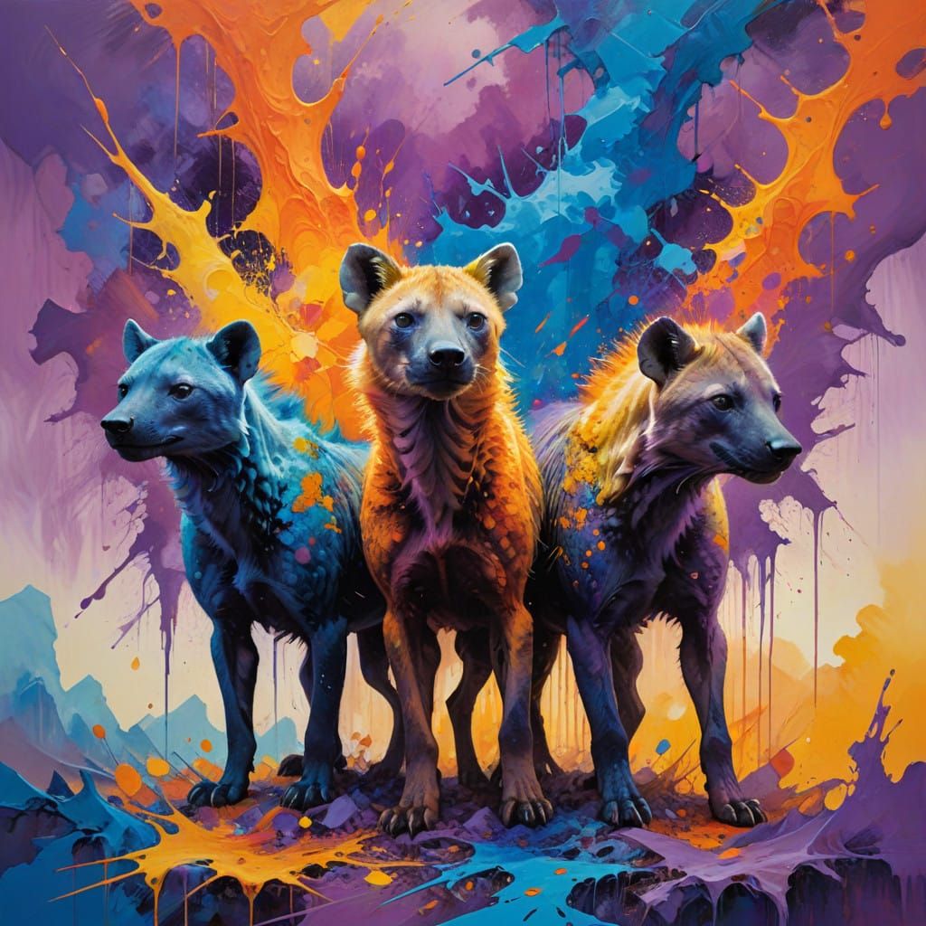 Vibrant Hyenas Amidst Iridescent Pterodactyls in Kaleidoscop...