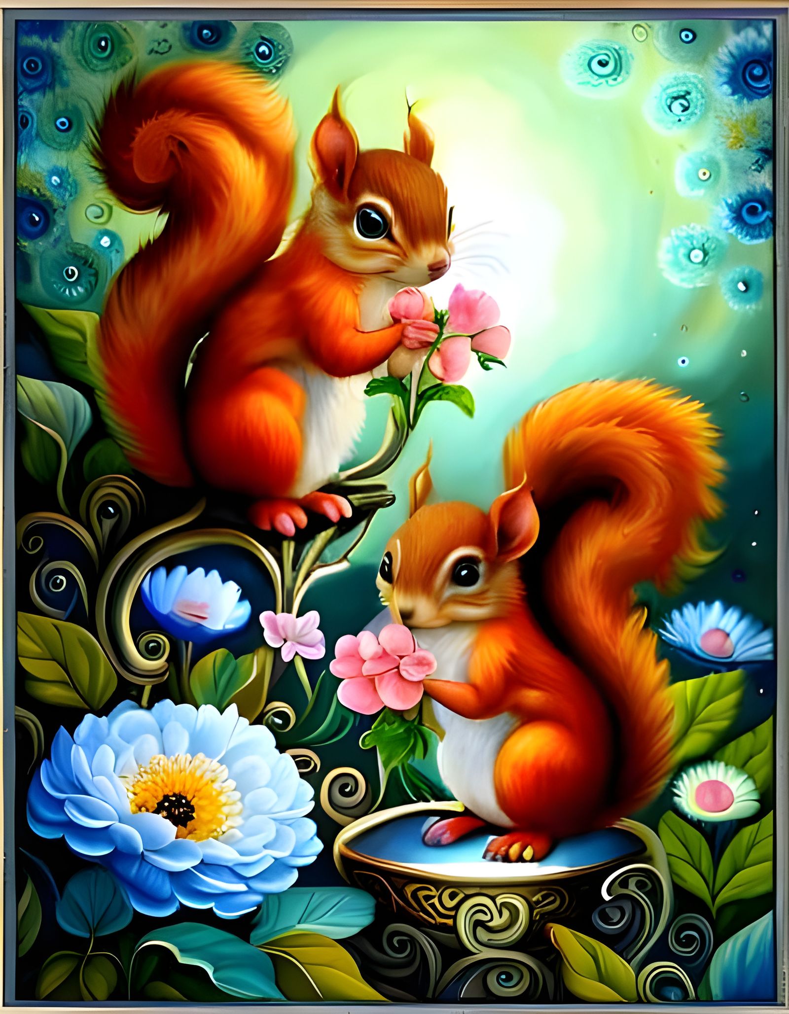 Romantic Squirrels with Florals in Whimsical Style