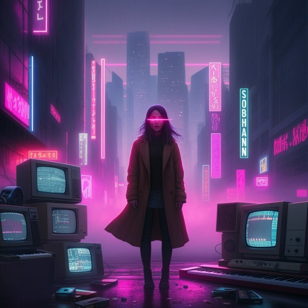 Cyberpunk Woman in Neon Cityscape Dusk