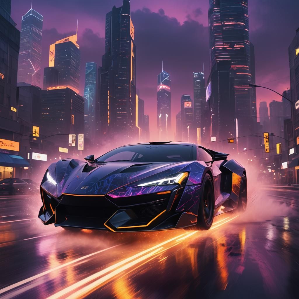 Neon Dreams: Futuristic Hybrid Supercar Speeds Through Citys...