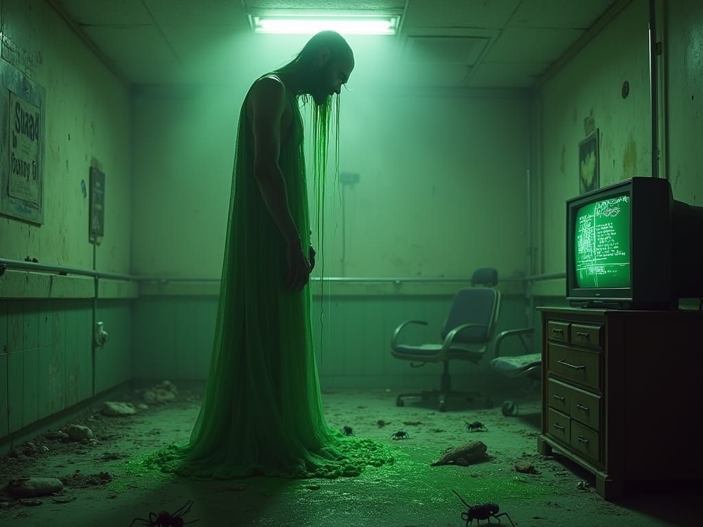 Ethereal Figure Amidst Decay in Abandoned Asylum