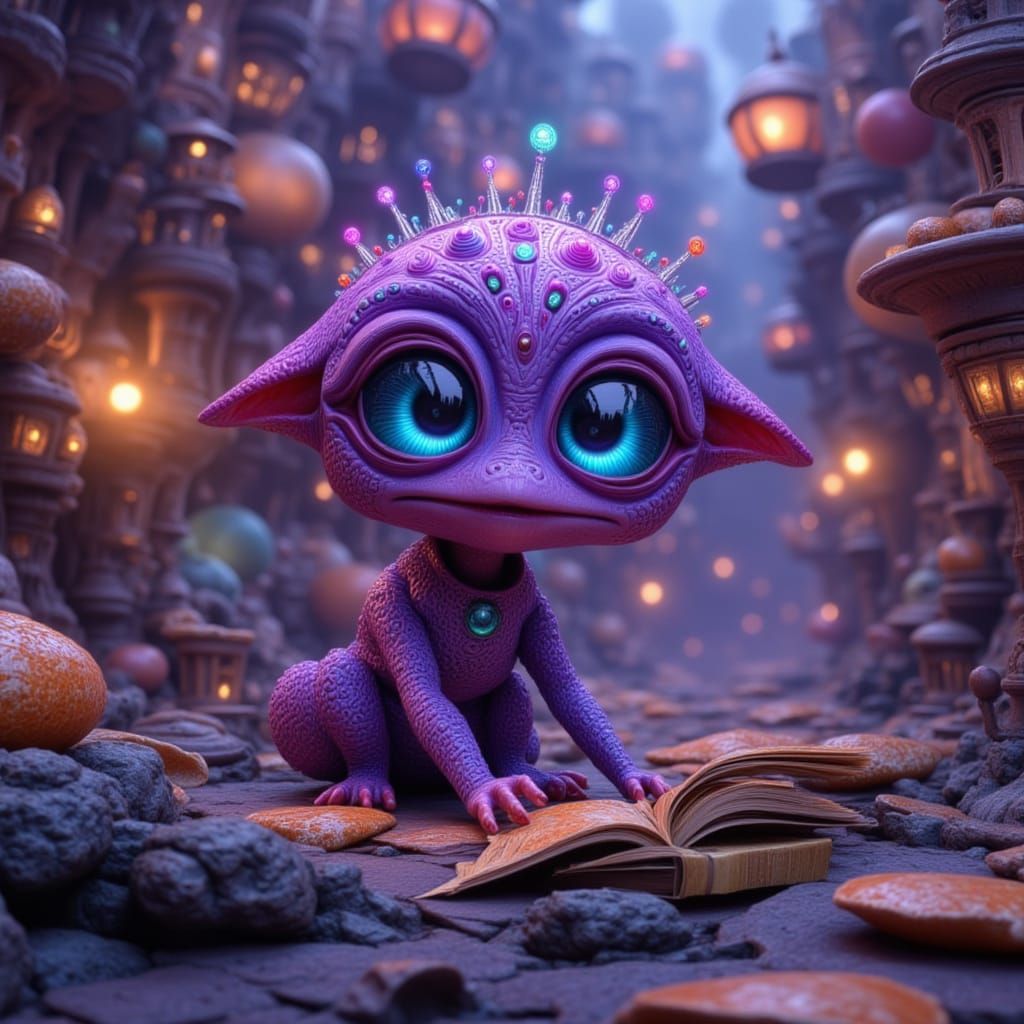 Alien Child in Ancient City, Pixar Cartoon Style