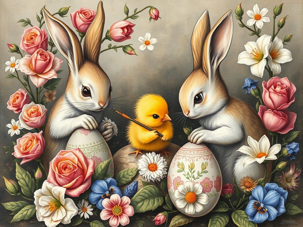 Bunnies Painting Easter Eggs in Renaissance Style