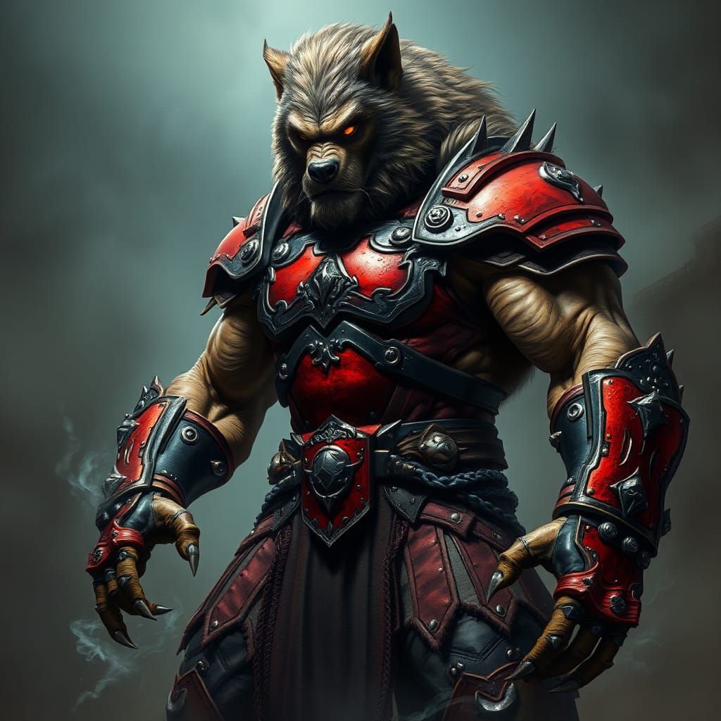 Muscled Werewolf in Gothic Plate Armor Stands Heroically in....