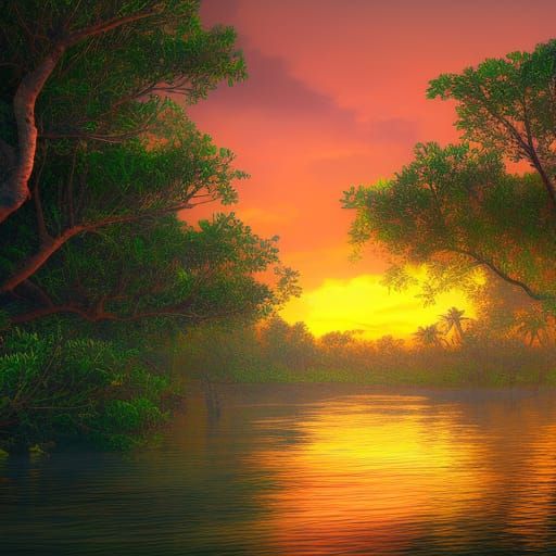 Lush Mangrove Swamp with Sapphire River at Sunset