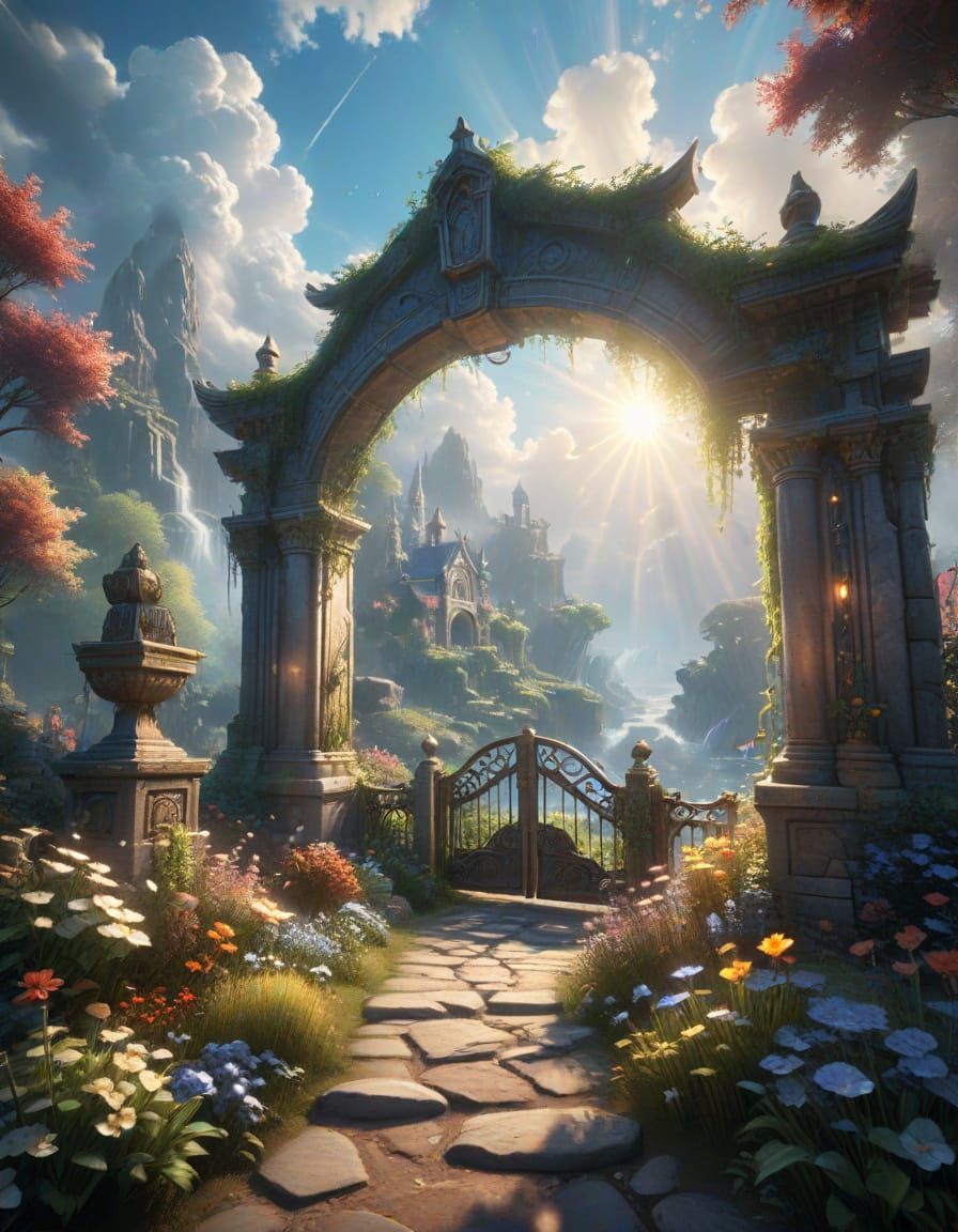 Ethereal Fantasy Garden with Heavenly Sunshine