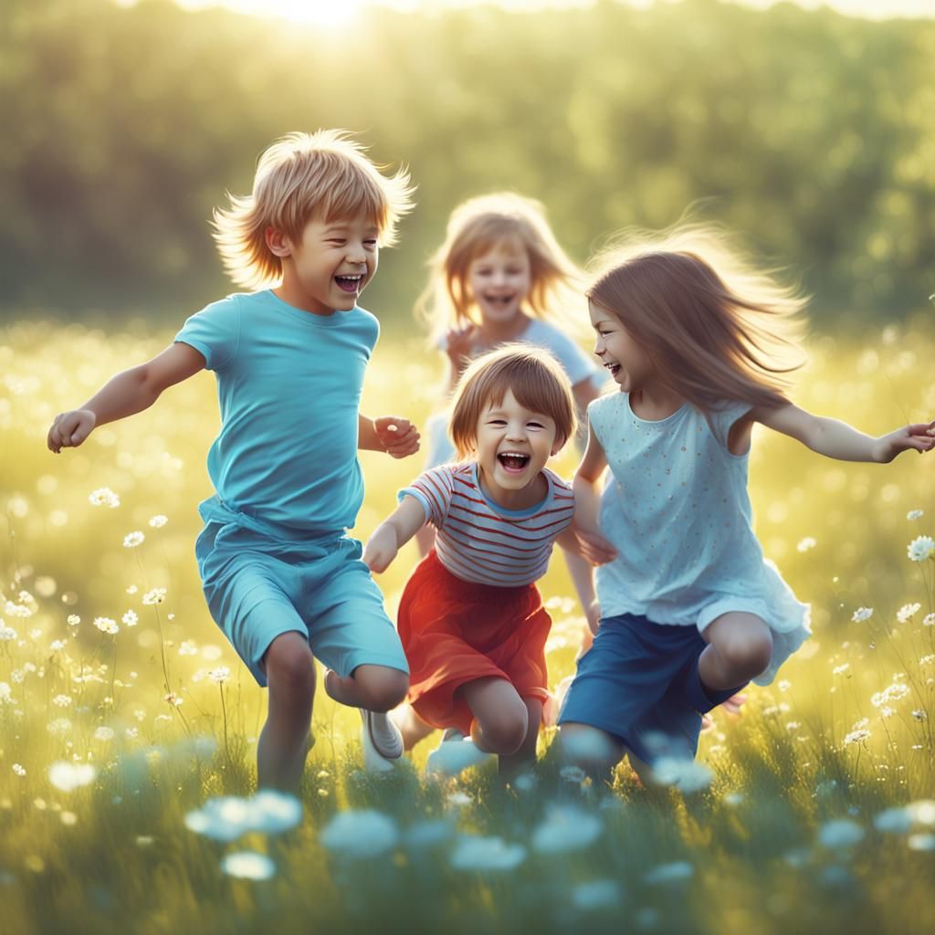 Whimsical Children Play in Sunlit Meadow
