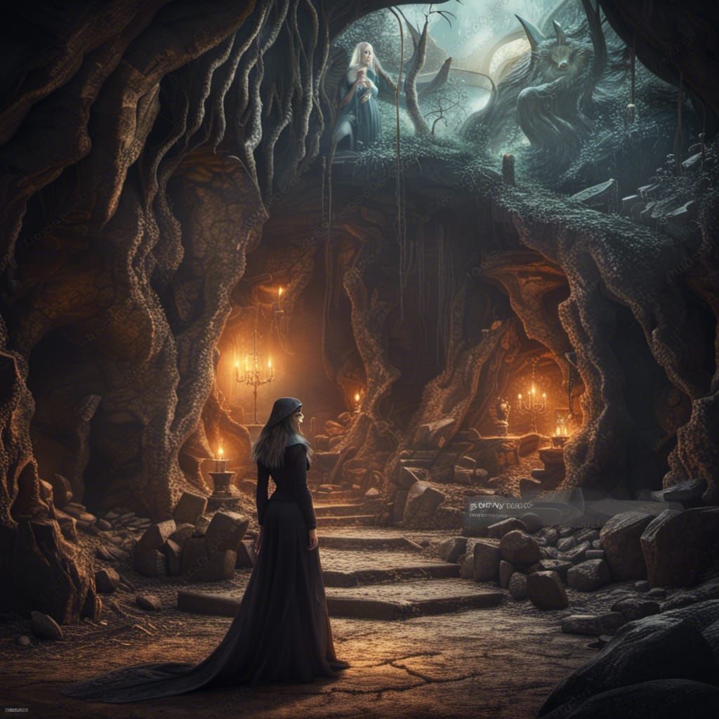 Majestic Young Witch in an Enchanted Cave