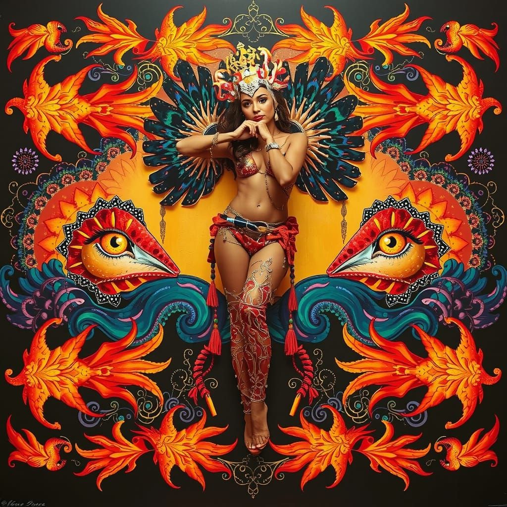 Elegant Woman in Flamboyant Attire and Maximalist Setting