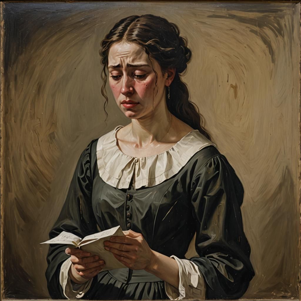 A Young Woman in Mourning, Weeping with a Letter in Oil Pain...
