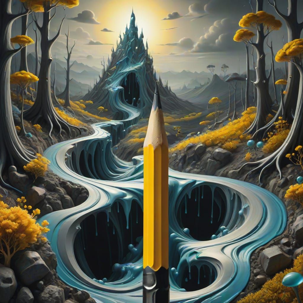 Pencil Tip Transforms into Vibrant Landscape in Surreal Styl...