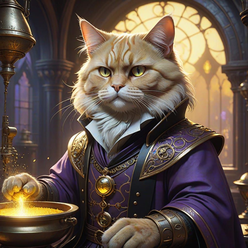 Steampunk Wizard Adds Gold Dust to Cauldron in Regal Attire