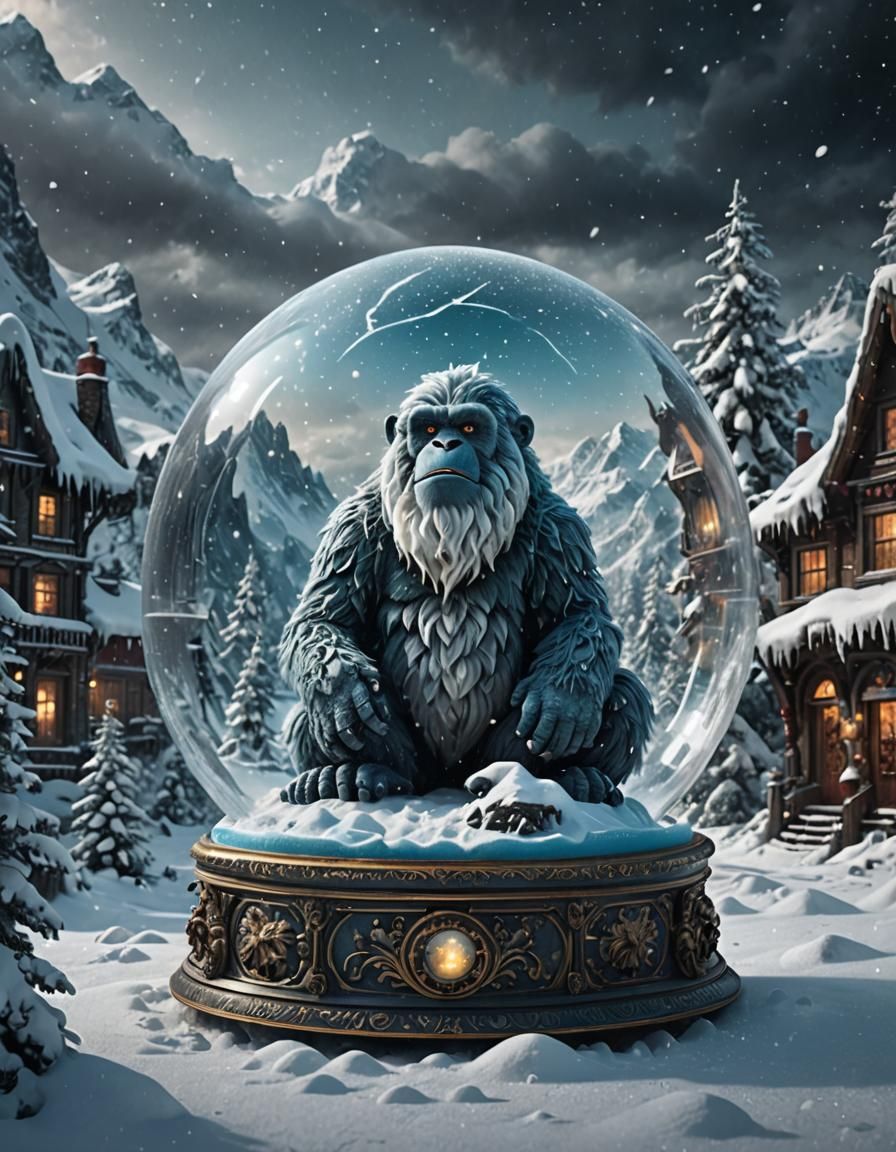Surreal Snow Globe Scene in Maximalist Digital Art