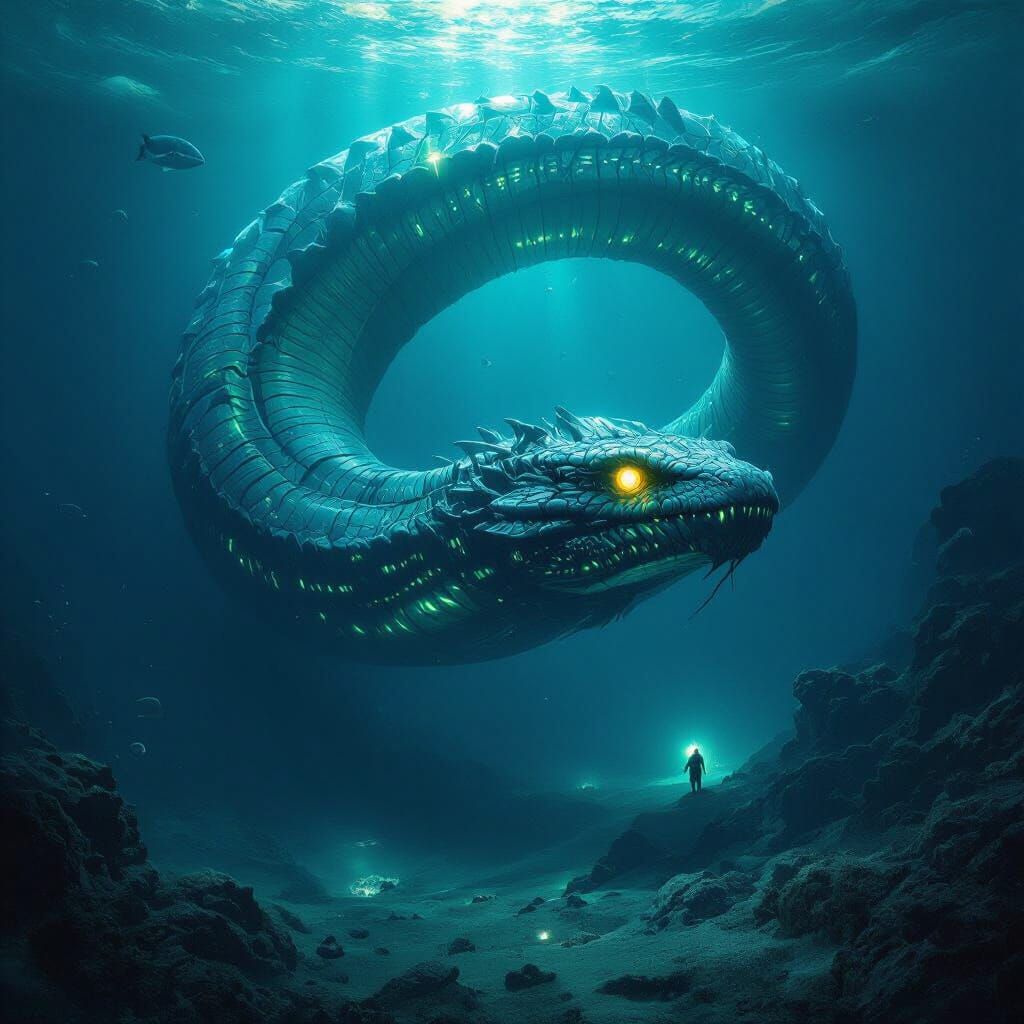 Bioluminescent Serpent in Mariana Trench, Dark Surrealism