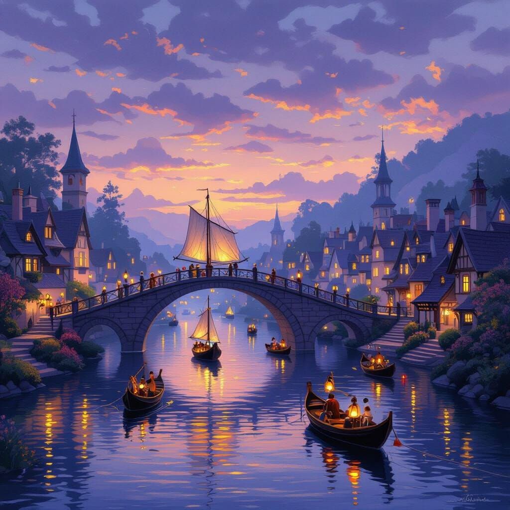 Magical Riverside Village at Twilight in Soft Hues