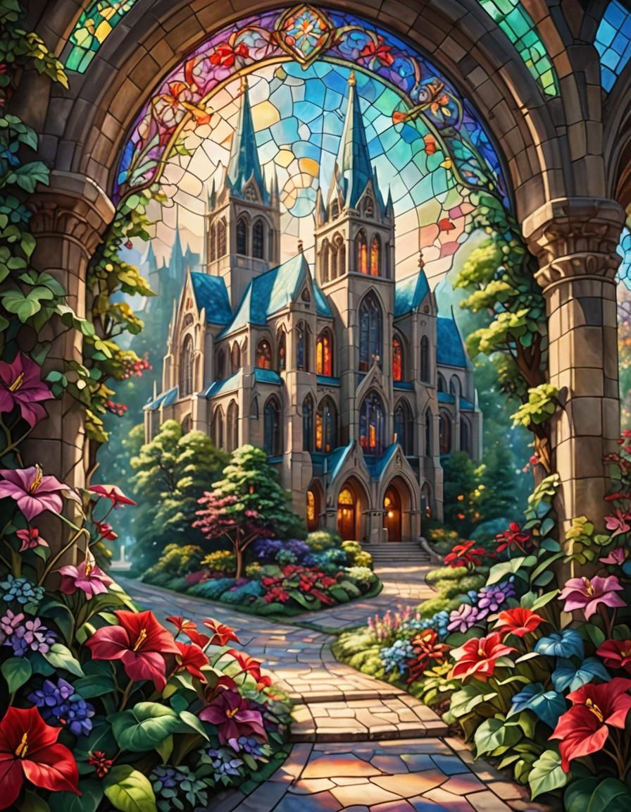 Majestic Cathedral in Vibrant Stained Glass Style